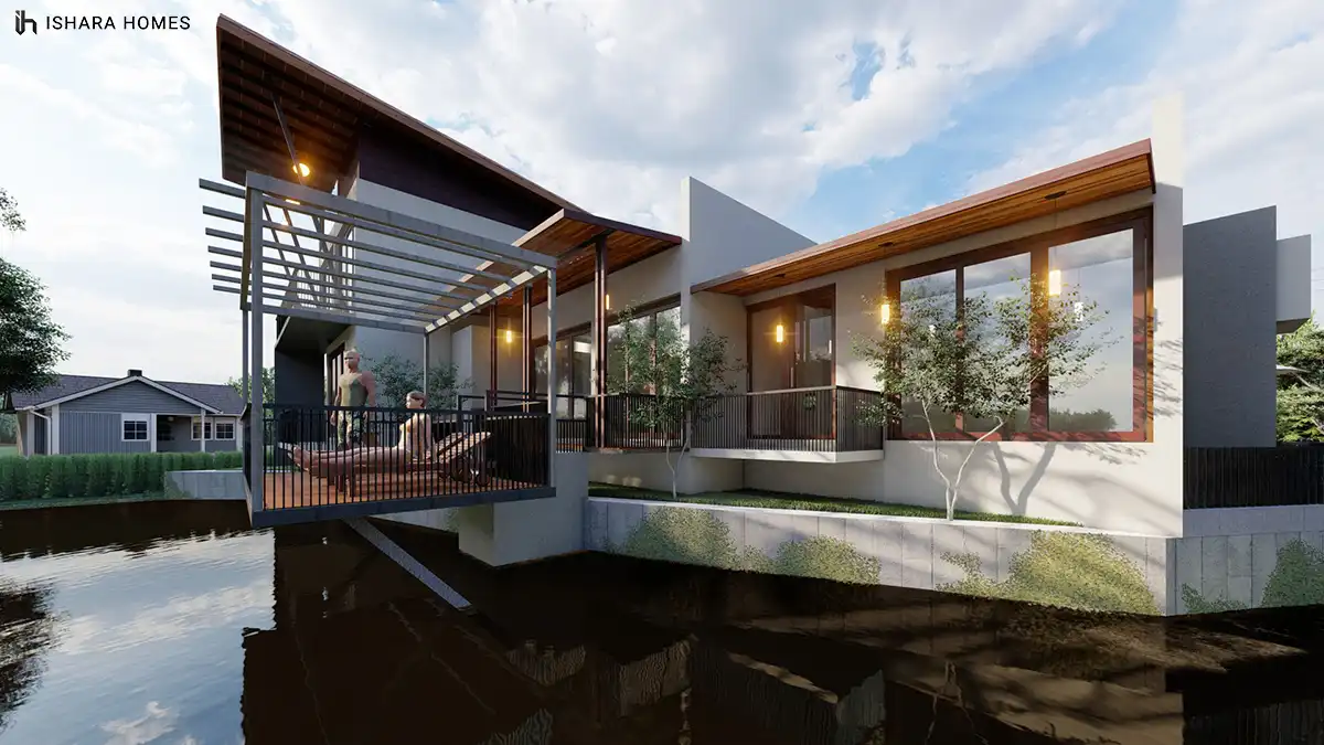 The rear deck of The Wetland House cantilevers directly over still water, its slatted steel pergola and warm timber eaves framing a lounge seating...