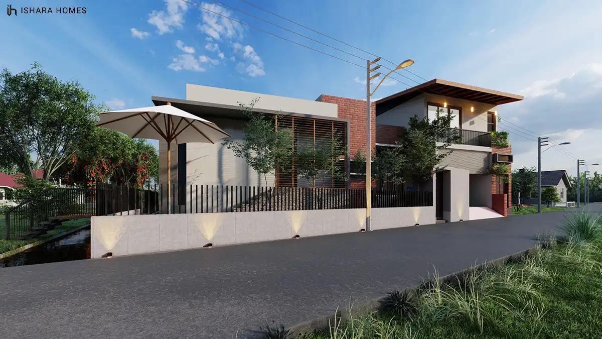 Viewed from the street at dusk, the two-storey home combines pale render, red brick accents and a sweeping timber-lined roof, with an open...