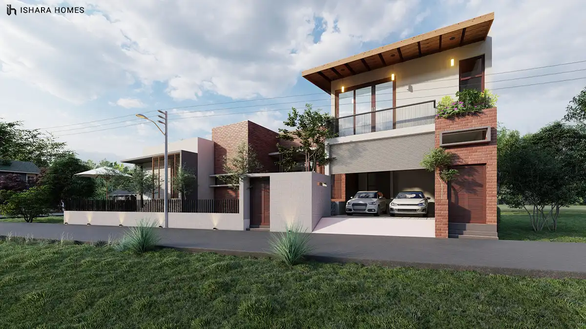 The front elevation reveals a two-storey composition of textured red brickwork, white render and a slatted timber balcony, with two cars parked...