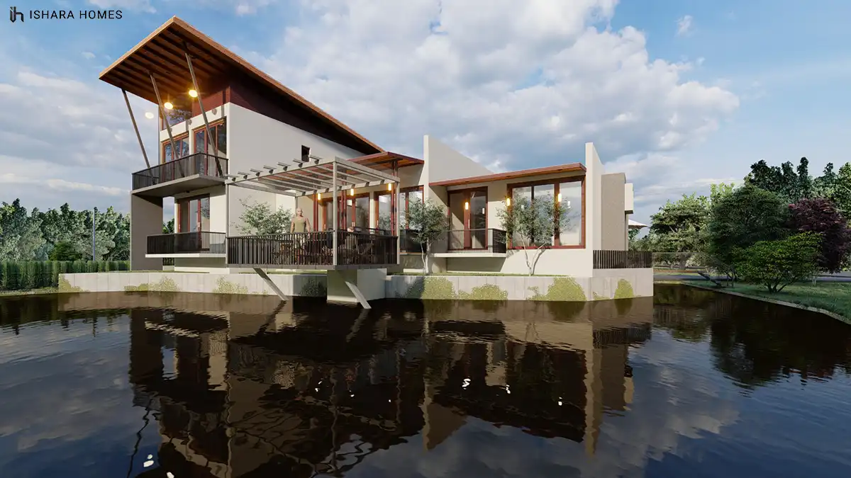 From across the pond, the home's full water-facing side comes into view: a cantilevered timber deck, glazed living spaces and a sharply angled...