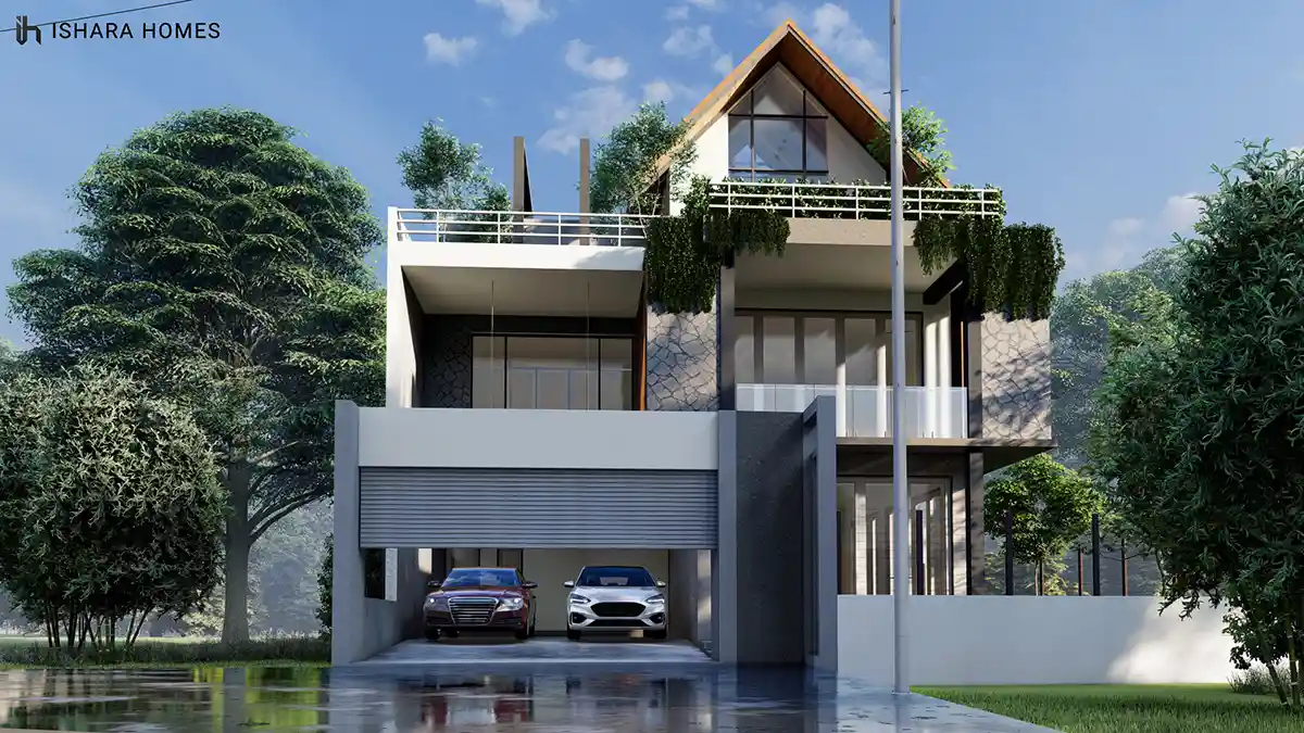 Viewed straight on, trailing vines drape the rooftop railing above a stone-textured bedroom wing, while two cars sit parked beneath the home's...