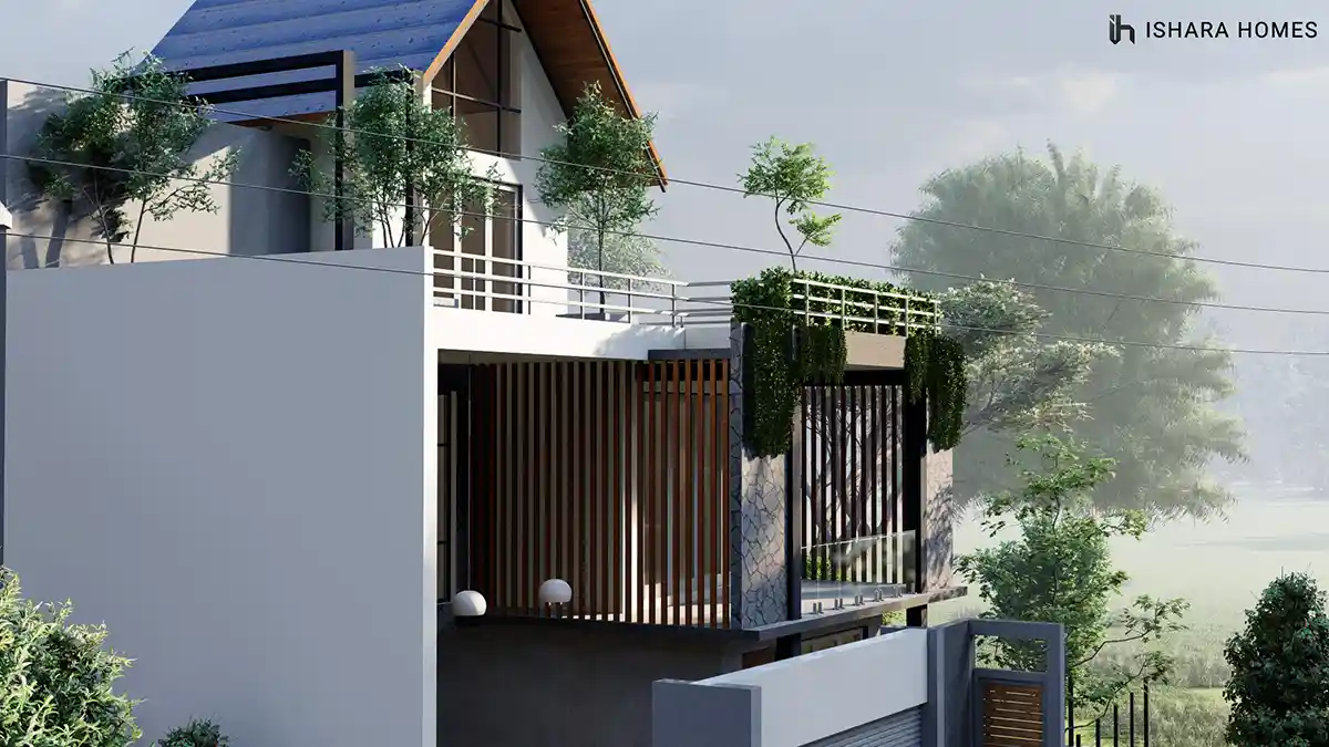A closer angle captures the vertical timber slat screen shading a lower balcony, with lush hanging foliage softening the transition between the...