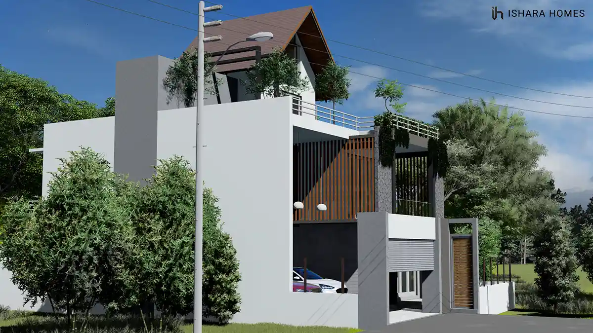From the street in Kiribathgoda, the home's brown-tiled gable roof and rooftop greenery rise above a crisp white lower volume, a single car...