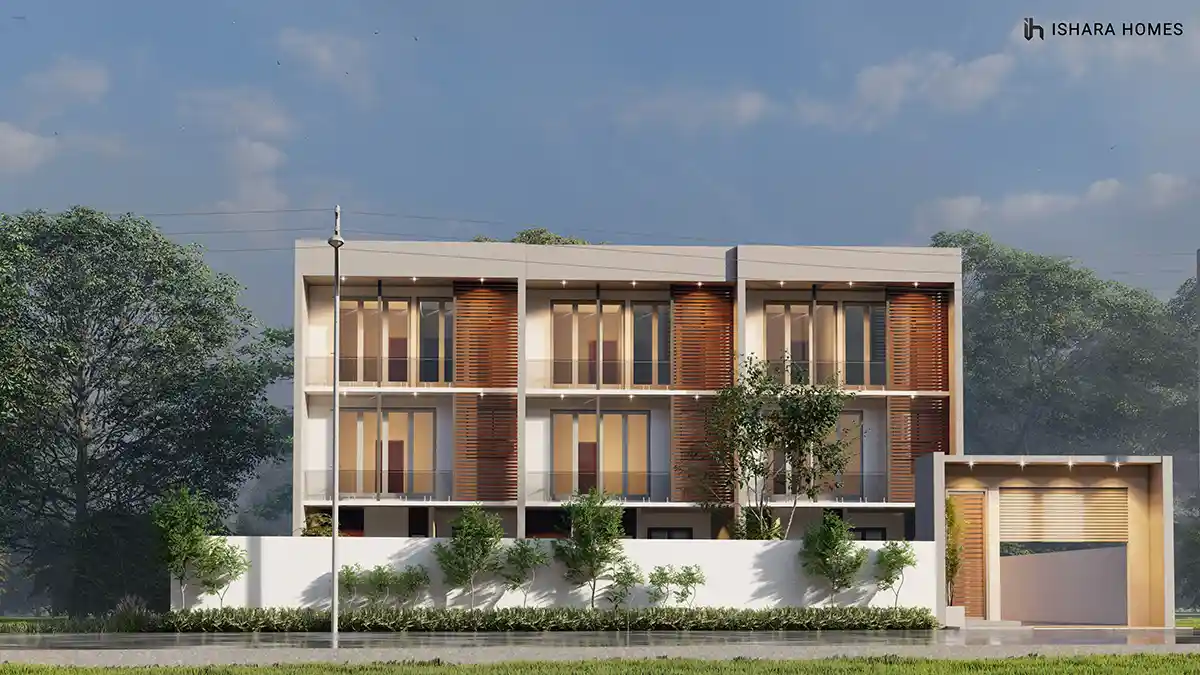 The same multi-family block from a slightly wider angle at dusk, its repeating glass balconies and warm timber accents giving each residence a...