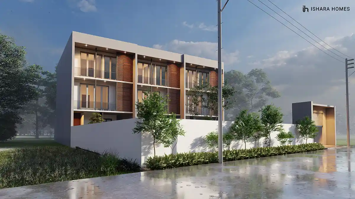 A side elevation of Threesis Residencies showing the depth of the building, its timber-louvred balconies and clipped hedge line running along the...