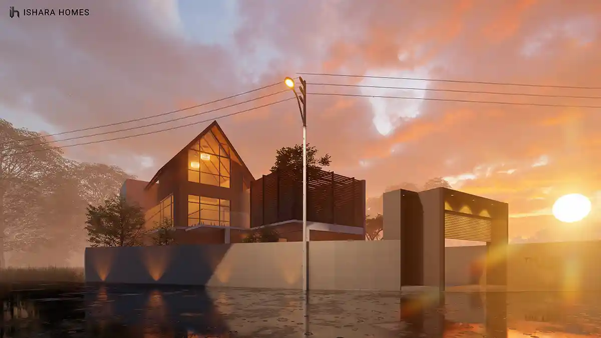 The Twilight Gables catches the last light of day, its steep triangular gable glowing amber from within while a soft pink sunset spreads behind...