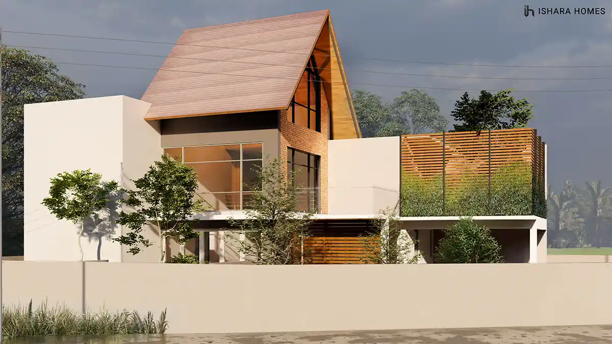 Seen in daylight, the front facade pairs a warm timber-lined gable against crisp white walls, with a slatted wood privacy screen shielding the...