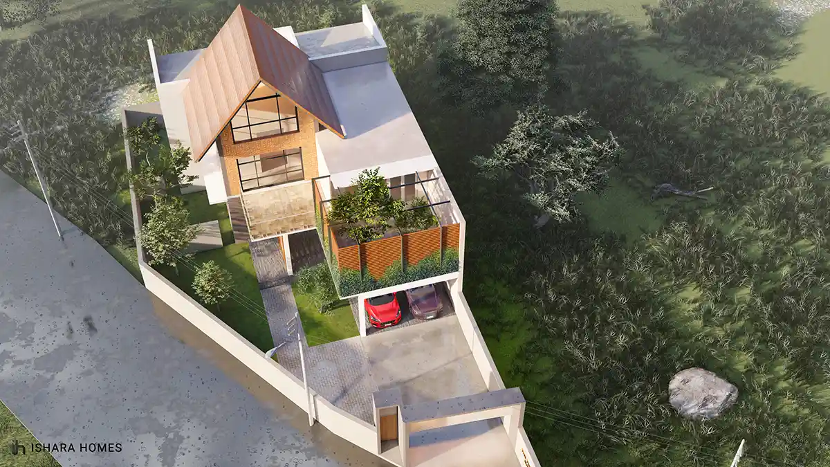 An aerial view reveals the full footprint: the pitched copper-toned roof, a planted rooftop courtyard, and a two-car driveway tucked beside mature...