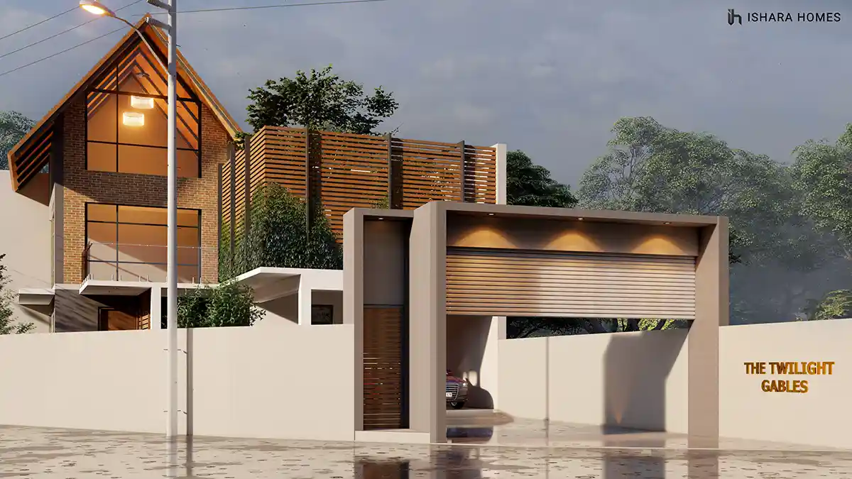 The covered car porch glows under recessed downlights, its timber-slat roller door drawn halfway as the gabled brick facade catches the evening...
