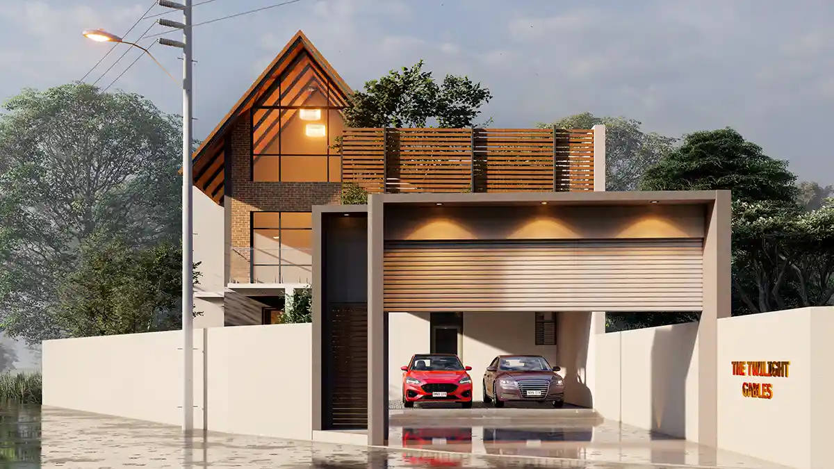Two vehicles sit beneath the cantilevered porch canopy, the sculptural gable and its dark steel roof trusses rising above a wall of glass that...