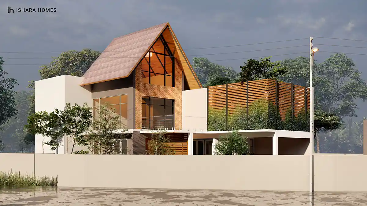 From a slightly elevated angle, the home's brick-clad gable end and vertical timber battens stand out against a bank of evening cloud, greenery...