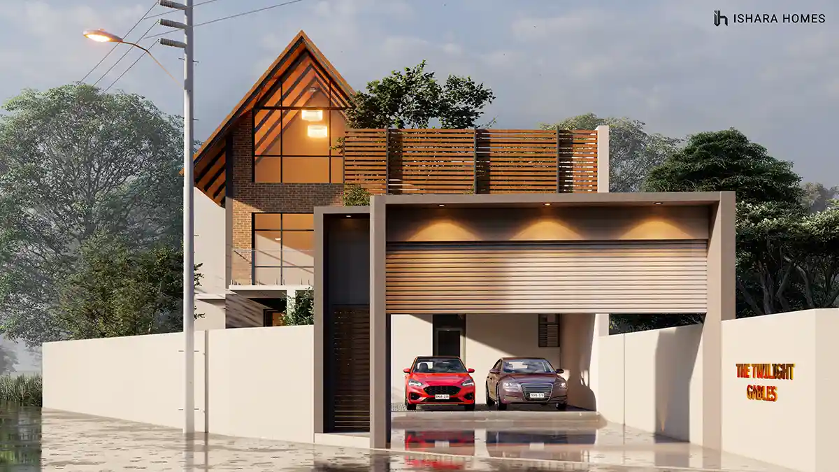 A near-symmetrical evening view captures the covered entrance and driveway together, headlights and porch lighting warming the concrete forecourt...